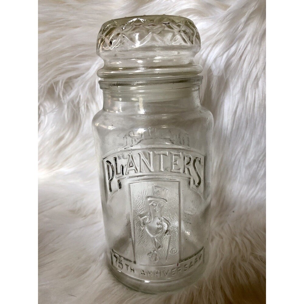 Vintage 1981 75th Anniversary PLANTERS PEANUTS MR PEANUT GLASS JAR W/LID GIFT *A